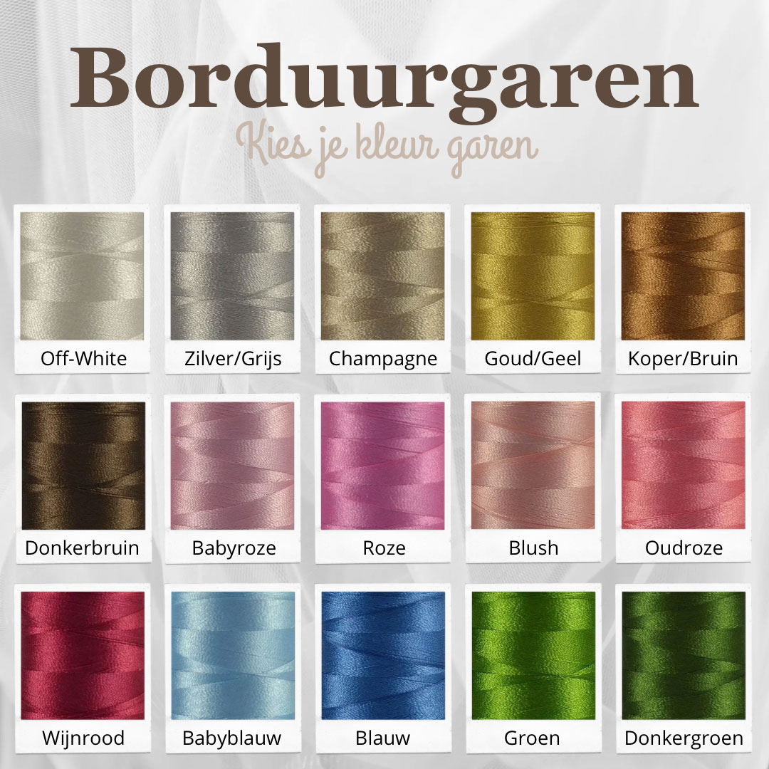 Overzicht van borduurgaren kleuren voor gepersonaliseerde babyproducten en accessoires. Borduurgaren kleurenkaart met 15 kleuren garen voor personalisatie en borduren, waaronder off-white, zilver, champagne, goud, koper, donkerbruin, babyroze, roze, blush, oudroze, wijnrood, babyblauw, blauw, groen en donkergroen.