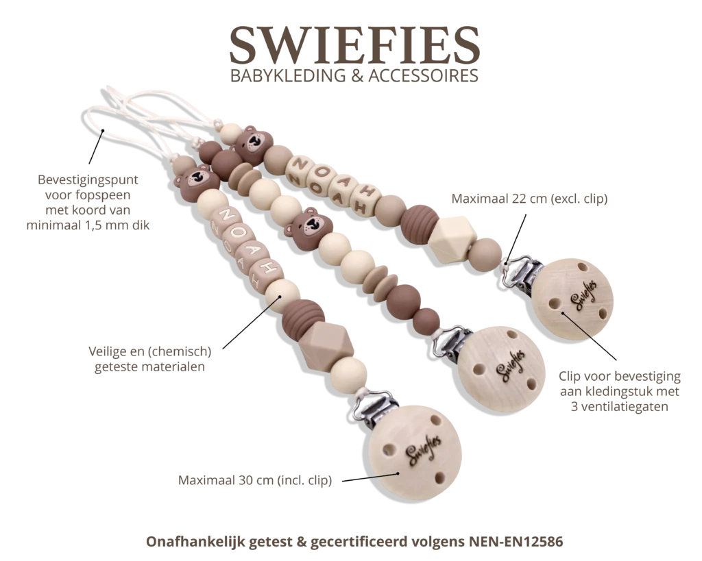 Uitleg veilig speenkoord met beertje, siliconen kralen, clip, lus en maximale lengte. Onafhankelijk getest en gecertificeerd volgens Europese veiligheidsnorm NEN-EN12586