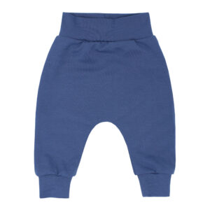 Effen jeansblauw babybroekje met brede tailleband. Comfortabel basic babybroekje voor newborn en baby.