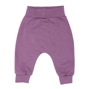 Effen oud lila babybroekje met brede tailleband. Comfortabel basic babybroekje voor newborn en baby.