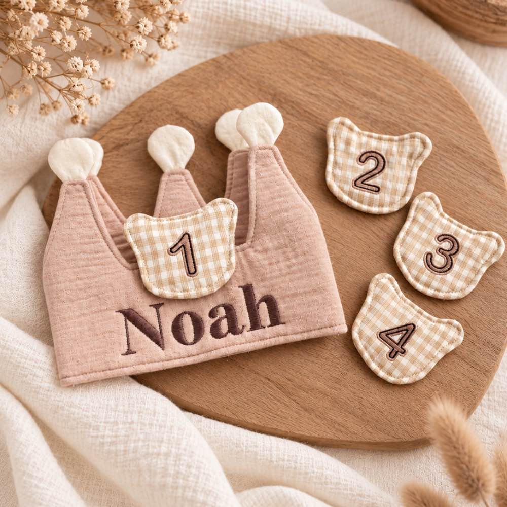 Beige meegroeiende verjaardagskroon met naam Noah in donkerbruine geborduurde letters en verwisselbare cijfers 1 t/m 4. Perfect voor de eerste verjaardagen.